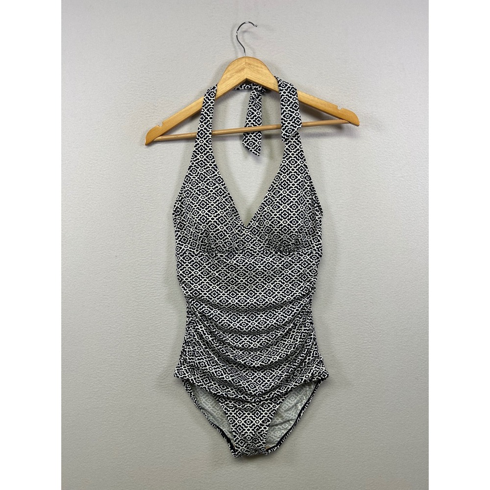L.L.Bean Geometric Ruched Halter One Piece Womens 12 Navy White Swimsuit